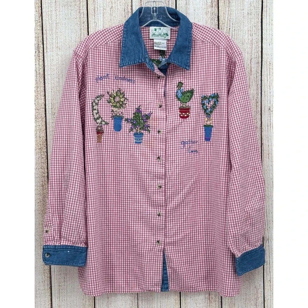 Quaker Factory Long Sleeve Shirt Size 1X‎ Cotton Gingham Gardening Embroidered